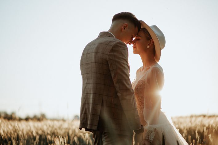 Bride and Groom Together in Rural Scenery